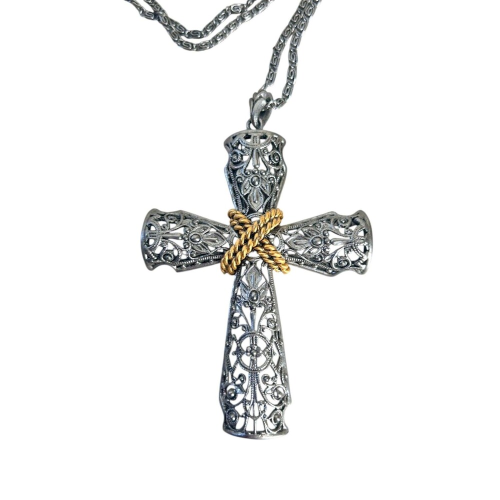 Large Ornate Cross Silver Two Tone Pewter Gold 30 In Long Byzantine Chain